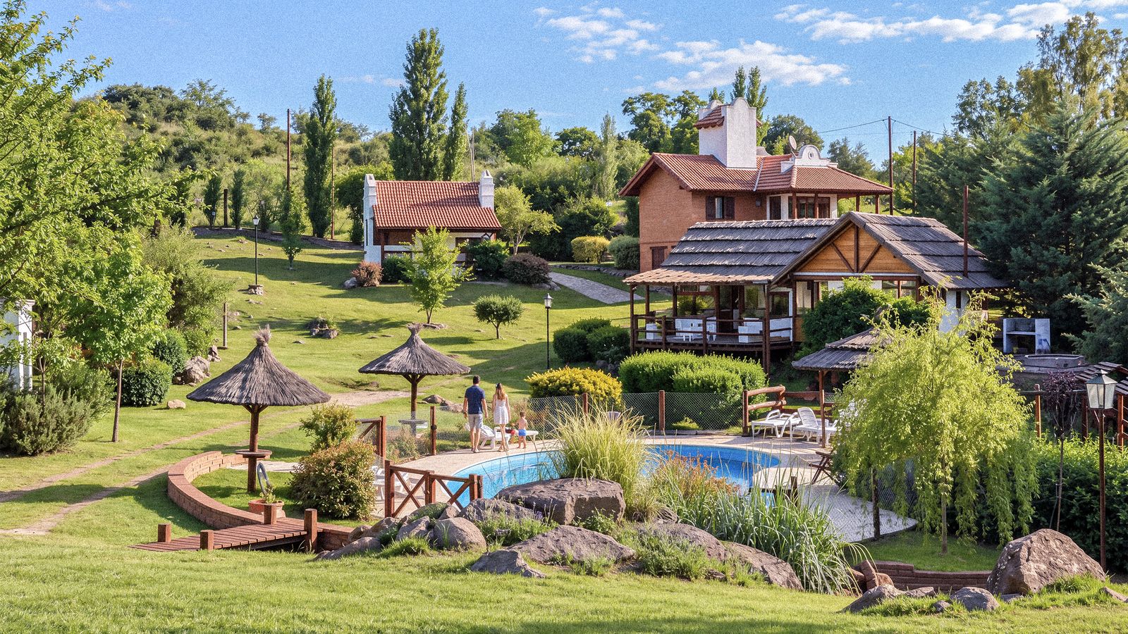 Parque, quinchos y pileta del complejo
